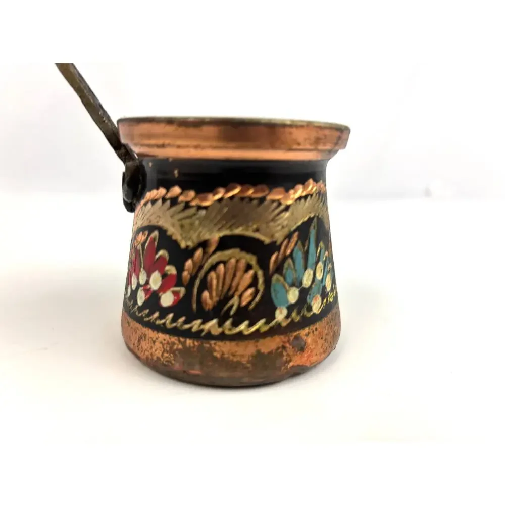 Vintage Turkish Hand Painted Copper Coffee Pot Kettle Decor Cezve Wooden Handle‎